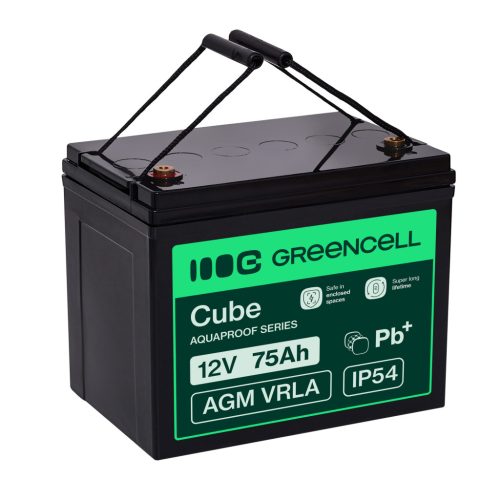 Green Cell CUBE AGM IP54 12V 75Ah VRLA akkumulátor gél mélykisülés elleni védelemmel elektromos kerekesszékhez, fotovoltaikus rendszerekhez, szabadidős akkumulátor, lakóautóhoz AGM12V75AH-J