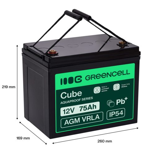 Green Cell CUBE AGM IP54 12V 75Ah VRLA akkumulátor gél mélykisülés elleni védelemmel elektromos kerekesszékhez, fotovoltaikus rendszerekhez, szabadidős akkumulátor, lakóautóhoz AGM12V75AH-J