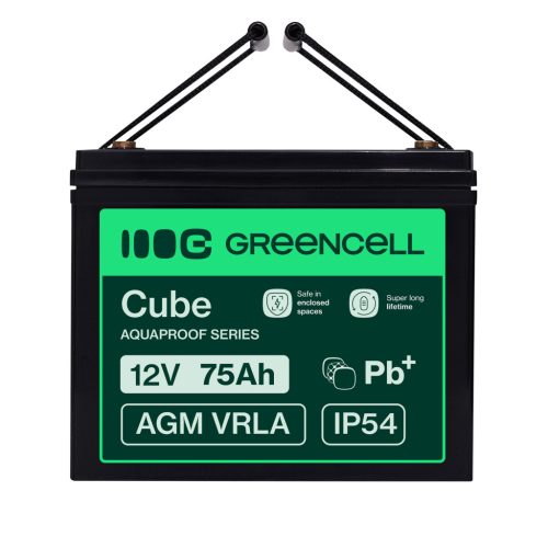 Green Cell CUBE AGM IP54 12V 75Ah VRLA akkumulátor gél mélykisülés elleni védelemmel elektromos kerekesszékhez, fotovoltaikus rendszerekhez, szabadidős akkumulátor, lakóautóhoz AGM12V75AH-J
