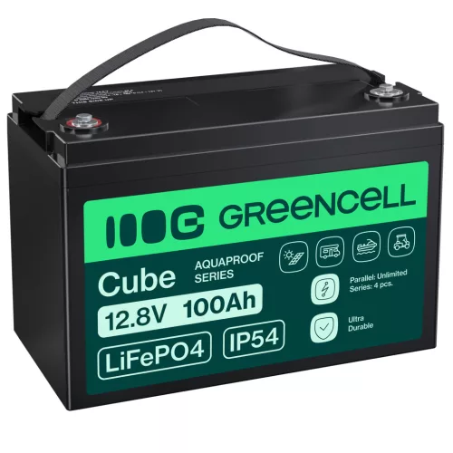 Greencell CUBE LiFePO4 100Ah 12.8V 1280Wh lítium-vas-foszfát akkumulátor fotovoltaikus rendszerekhez, lakókocsikhoz, hajókhoz LFPGC12V100AH