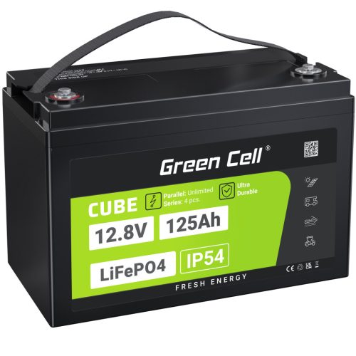 Green Cell CUBE LiFePO4 125Ah 12.8V 1600Wh lítium-vas-foszfát akkumulátor lakóautókhoz, napelemes rendszerekhez, off-grid rendszerekhez, hajókhoz LFPGC12V125AH