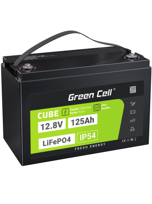 Green Cell CUBE LiFePO4 125Ah 12.8V 1600Wh lítium-vas-foszfát akkumulátor lakóautókhoz, napelemes rendszerekhez, off-grid rendszerekhez, hajókhoz LFPGC12V125AH