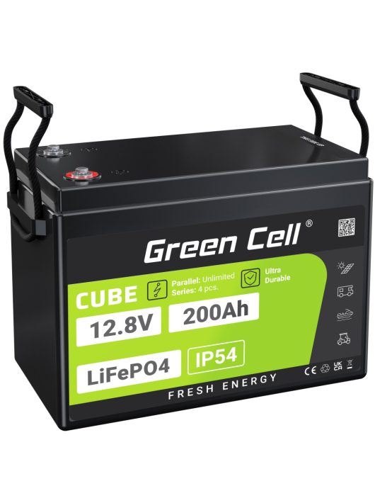 Green Cell CUBE LiFePO4 200Ah 12.8V 2560Wh lítium-vas-foszfát akkumulátor lakóautókhoz, napelemes rendszerekhez, off-grid rendszerekhez, hajókhoz LFPGC12V200AH