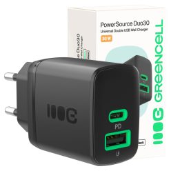   Green Cell PowerSource Duo30 töltő USB/USB-C, fekete, 30W Power Delivery hálózati adapter CHARB-GC-30AC-B