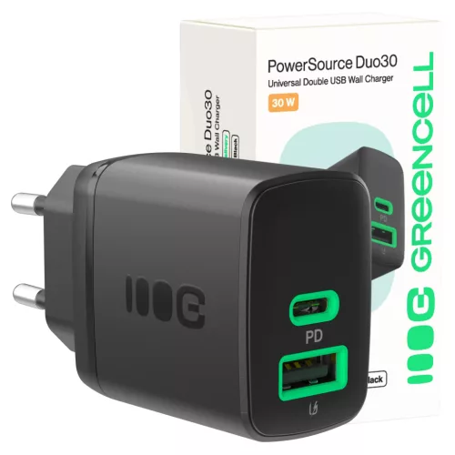 Green Cell PowerSource Duo30 Ladegerät USB/USB-C, schwarz, 30W Power Delivery Netzadapter CHARB-GC-30AC-B