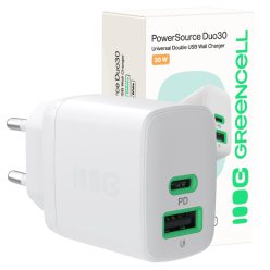   Green Cell PowerSource Duo30 töltő USB/USB-C; fehér; 30W Power Delivery hálózati adapter CHARB-GC-30AC-W