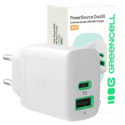   Green Cell PowerSource Duo30 Ladegerät USB/USB-C; weiß; 30W Power Delivery Netzadapter CHARB-GC-30AC-W