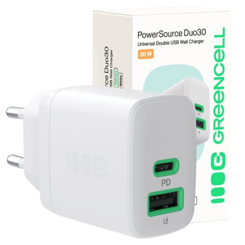 Green Cell PowerSource Duo30 Charger USB/USB-C, White, 30W Power Delivery Wall Adapter CHARB-GC-30AC-W
