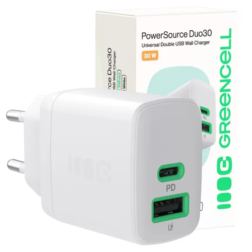 Green Cell PowerSource Duo30 Ladegerät USB/USB-C; weiß; 30W Power Delivery Netzadapter CHARB-GC-30AC-W