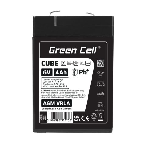 Green Cell CUBE AGM IP54 6V 4Ah VRLA battery AGM6V4AH-J