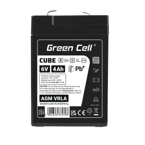 Green Cell CUBE AGM IP54 6V 4Ah VRLA battery AGM6V4AH-J