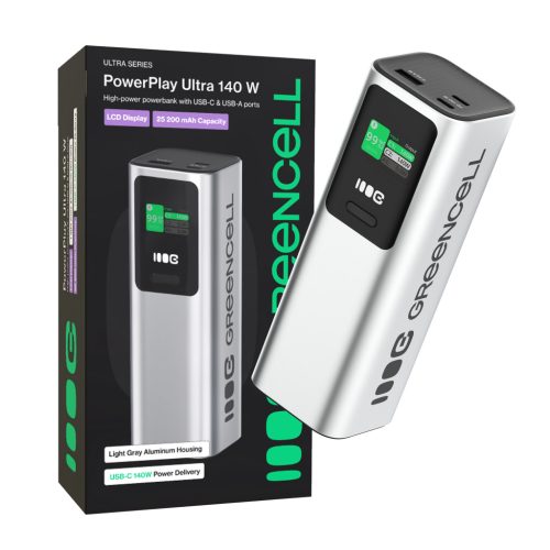 Greencell powerbank 25200mAh 140W PD USB-C gyors töltés laptophoz, MacBookhoz, iPhone 16/15/14 Pro Max, Samsung Galaxy S25 PBGC25UD