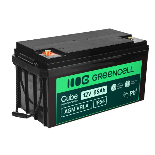 Green Cell AGM VRLA IP54 12V 65Ah karbantartásmentes akkumulátor fűnyírókhoz, rollerekhez, csónakokhoz és kerekesszékekhez AGM12V65AH-J