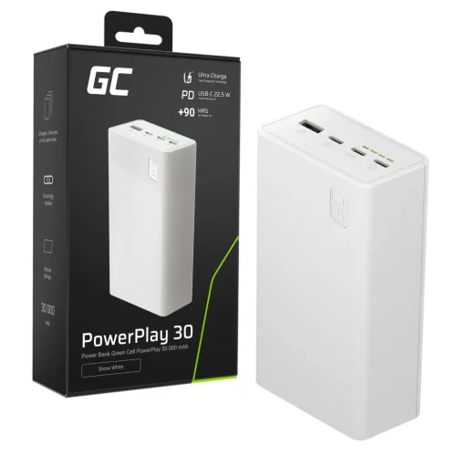 Green Cell PowerPlay 30 - White Powerbank 30000mAh Capacity, 22.5W, 4 Ports PBGC30W