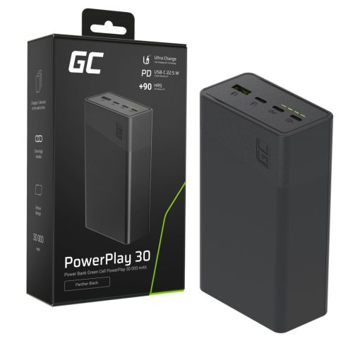 Green Cell PowerPlay 30 fekete powerbank 30000mAh 22,5W 4 port PBGC30B
