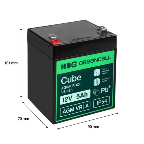 Greencell AGM VRLA 12V 5Ah maintenance-free battery for cash registers, toys, cameras 91x70x102mm AGM12V5AH-J