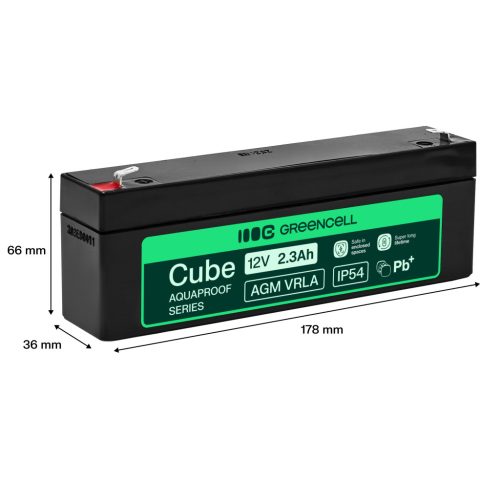 Greencell AGM VRLA 12V 2.5Ah maintenance-free battery for cash registers, toys, cameras 178x36x66mm AGM12V2-3AH-H
