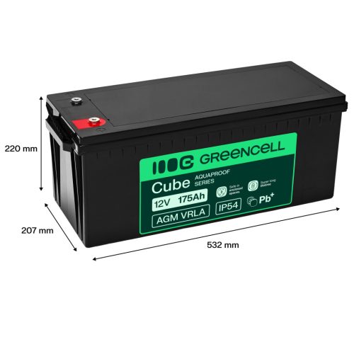 Greencell AGM VRLA 12V 175Ah maintenance-free battery for boats, photovoltaics, solar panels 532x207x220mm AGM12V175AH-H