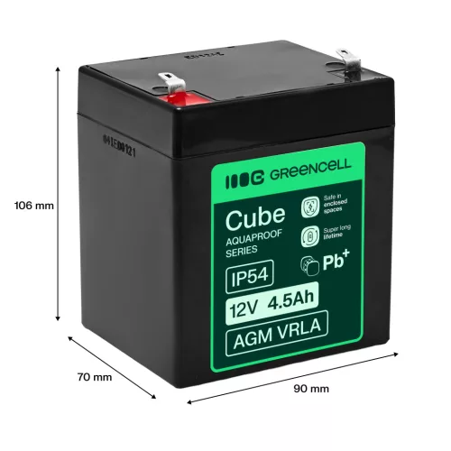 Greencell AGM VRLA 12V 4.5Ah maintenance-free battery for cash registers, toys, cameras 90x70x106mm AGM12V4-5AH-H