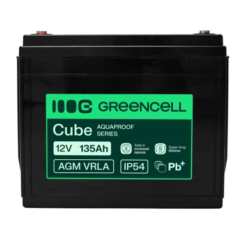 Greencell AGM VRLA 12V 135Ah karbantartásmentes akkumulátor hajókhoz, fotovoltaikához, napelemekhez 341x173x287mm AGM12V135AH-H