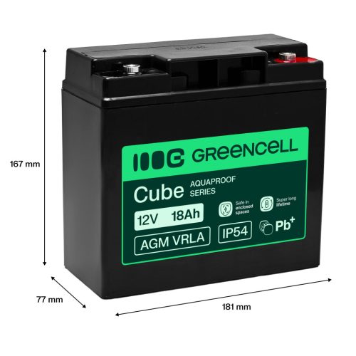 Greencell AGM VRLA 12V 18Ah karbantartásmentes akkumulátor kasszákhoz, játékokhoz, kamerákhoz 181x77x167mm AGM12V18AH-H