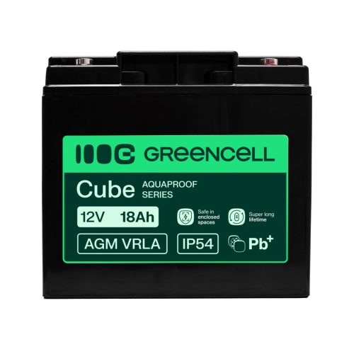 Greencell AGM VRLA 12V 18Ah karbantartásmentes akkumulátor kasszákhoz, játékokhoz, kamerákhoz 181x77x167mm AGM12V18AH-H
