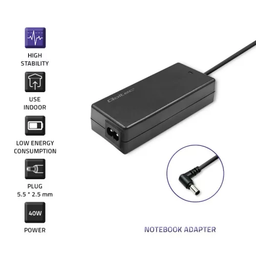 Qoltec hálózati adapter IBM/Lenovo laptopokhoz – 40 W, 20 V / 2 A, 5,5 × 2,5 mm, hálózati kábellel
