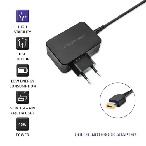 Qoltec hálózati adapter Lenovo laptophoz – 45 W, 20 V, 2,25 A, Slim Tip + Pin