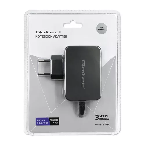 Qoltec hálózati adapter Lenovo laptophoz – 45 W, 20 V, 2,25 A, Slim Tip + Pin