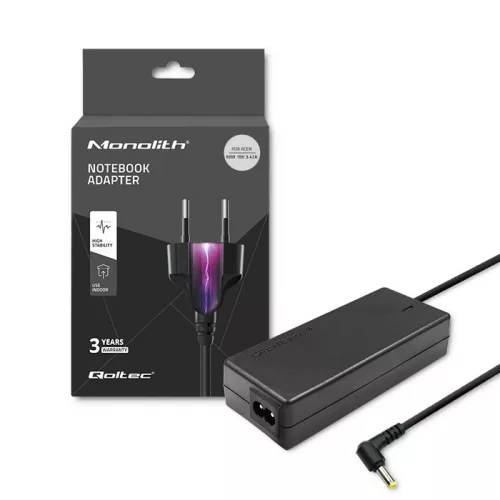 Qoltec hálózati adapter Acer laptophoz, 65 W, 19 V / 3,42 A, 5,5 × 1,7 mm-es csatlakozóval és tápkábellel