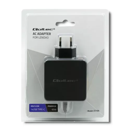 Qoltec hálózati adapter Lenovo laptophoz, 65 W, 20 V / 3,25 A, Slim tip + pin