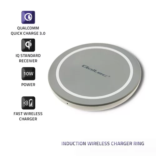 Qoltec RING Qi vezeték nélküli töltő Qualcomm Quick Charge 3.0 támogatással, 10 W, szürke