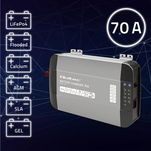 Qoltec Smart Monolith intelligens akkumulátortöltő LiFePO4, AGM, GEL és SLA akkumulátorokhoz – 70 A / 12 V, gyorstöltéssel