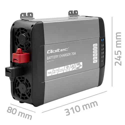 Qoltec Smart Monolith intelligens akkumulátortöltő LiFePO4, AGM, GEL és SLA akkumulátorokhoz – 70 A / 12 V, gyorstöltéssel