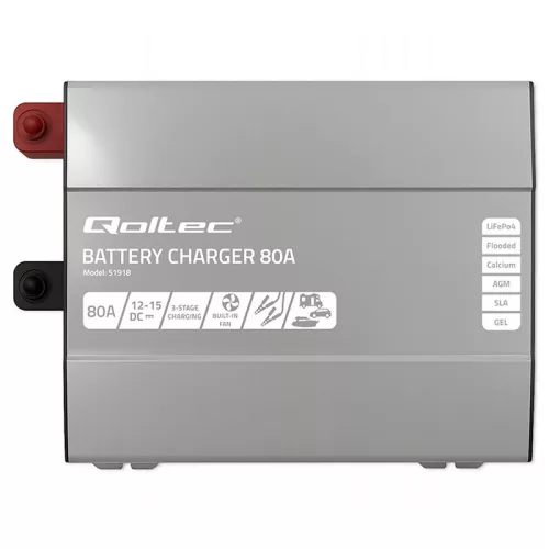 Qoltec Smart Monolith intelligens akkumulátortöltő 12 V-os LiFePO4, AGM, GEL és SLA akkumulátorokhoz – 80 A
