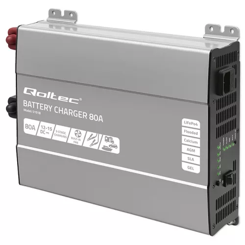 Qoltec Smart Monolith intelligens akkumulátortöltő LiFePO4, AGM, GEL és SLA akkumulátorokhoz – 90 A, 12 V, gyorstöltés