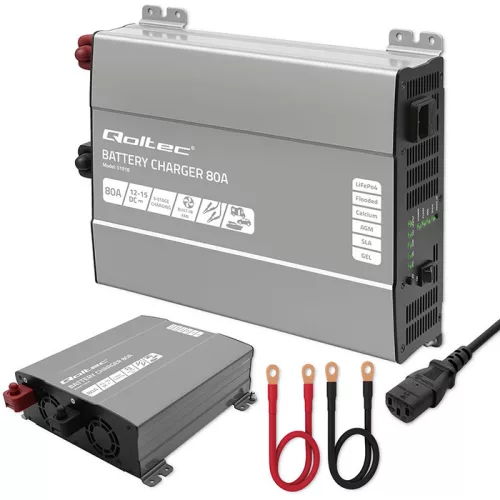 Qoltec Smart Monolith intelligens akkumulátortöltő LiFePO4, AGM, GEL és SLA akkumulátorokhoz – 90 A, 12 V, gyorstöltés