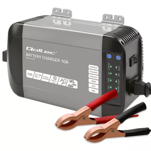Qoltec Smart Monolith intelligens akkumulátortöltő LiFePO4, AGM, GEL és SLA akkumulátorokhoz – 24 V / 10 A