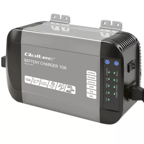Qoltec Smart Monolith intelligens akkumulátortöltő LiFePO4, AGM, GEL és SLA akkumulátorokhoz – 24 V / 10 A