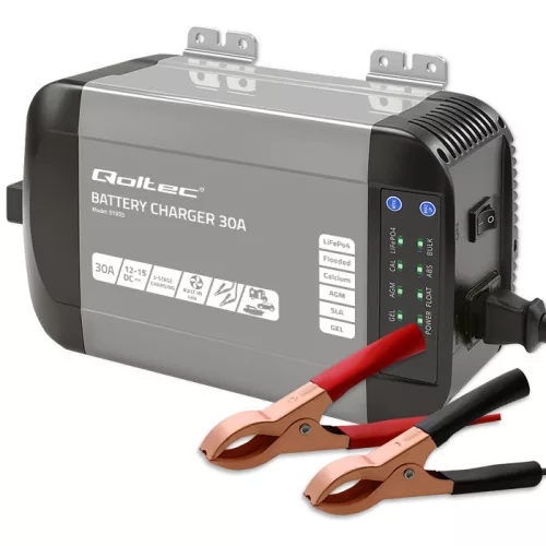 Qoltec Smart Monolith intelligens akkumulátortöltő LiFePO4, AGM, GEL és SLA akkumulátorokhoz – 12 V / 30 A