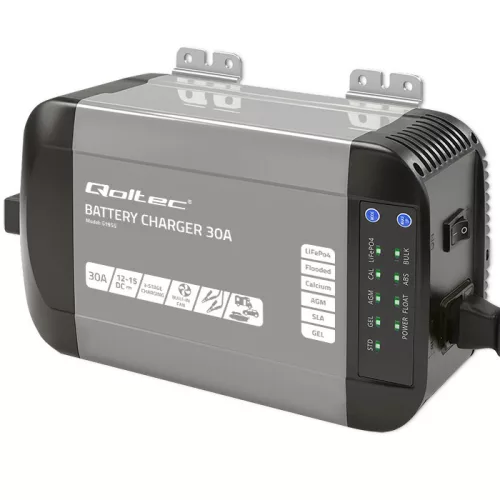 Qoltec Smart Monolith intelligens akkumulátortöltő LiFePO4, AGM, GEL és SLA akkumulátorokhoz – 12 V / 30 A