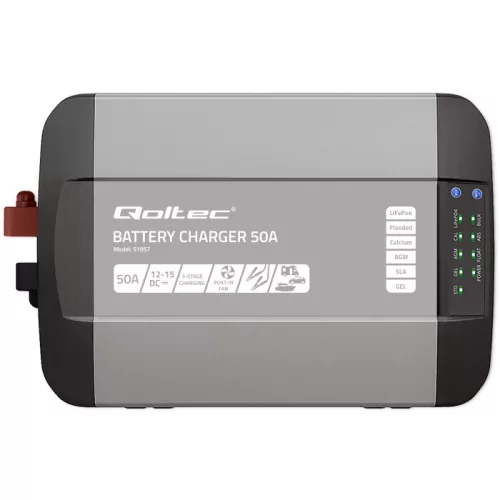 Qoltec Smart Monolith intelligens akkumulátortöltő LiFePO4-, AGM-, GEL- és SLA-akkumulátorokhoz – 12 V / 50 A