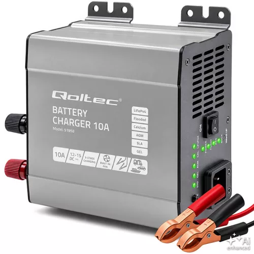 Qoltec Smart Monolith intelligens akkumulátortöltő LiFePO4-, AGM-, GEL- és SLA-akkumulátorokhoz – 12 V / 10 A