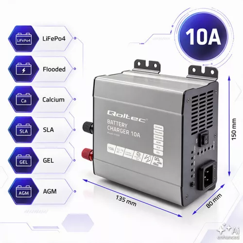 Qoltec Smart Monolith intelligens akkumulátortöltő LiFePO4-, AGM-, GEL- és SLA-akkumulátorokhoz – 12 V / 10 A