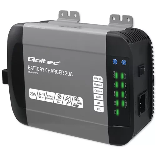 Qoltec Smart Monolith 12 V-os intelligens akkumulátortöltő LiFePO4, AGM, GEL és SLA akkumulátorokhoz, 20 A