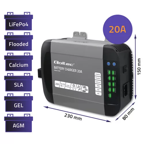 Qoltec Smart Monolith 12 V-os intelligens akkumulátortöltő LiFePO4, AGM, GEL és SLA akkumulátorokhoz, 20 A