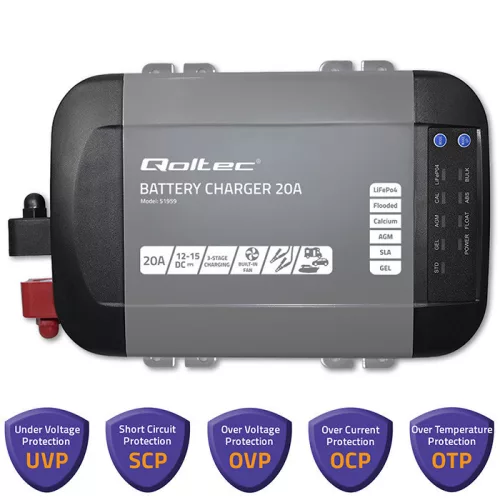 Qoltec Smart Monolith 12 V-os intelligens akkumulátortöltő LiFePO4, AGM, GEL és SLA akkumulátorokhoz, 20 A
