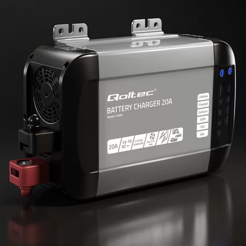 Qoltec Smart Monolith 12 V-os intelligens akkumulátortöltő LiFePO4, AGM, GEL és SLA akkumulátorokhoz, 20 A