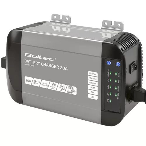 Qoltec Smart Monolith 12 V-os intelligens akkumulátortöltő LiFePO4, AGM, GEL és SLA akkumulátorokhoz, 20 A