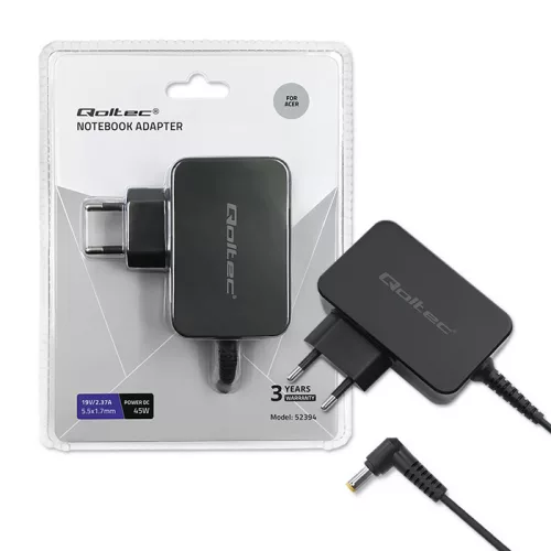 Qoltec hálózati adapter Acer laptophoz, 45 W, 19 V / 2,37 A, 5,5 × 1,7 mm